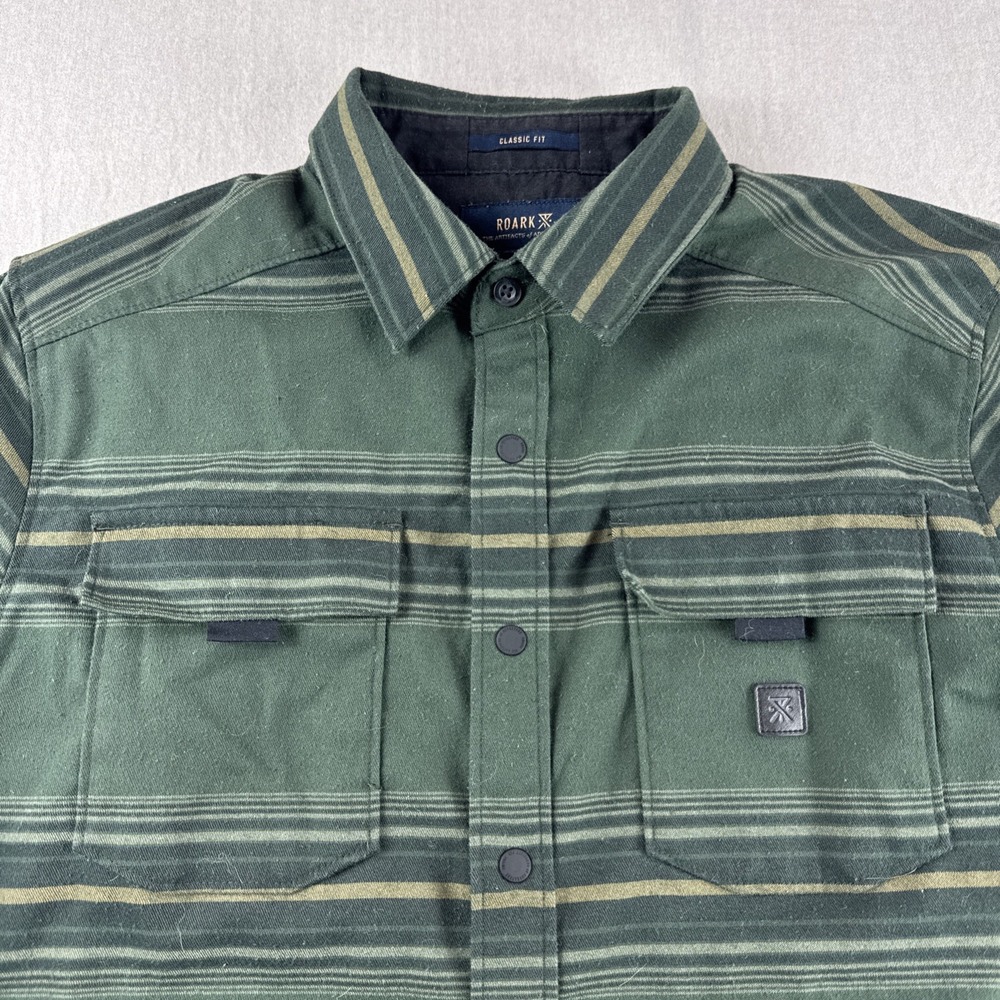 Roark Diablo Flannel Mens XS Green Striped Shirt Long Sleeve Snap Outdoors Camp